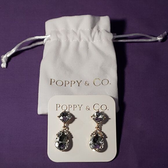 Poppy & Co. Clear Glass Rhinestone Crystal Earrings, Gold Plated, New in bag - Picture 7 of 14